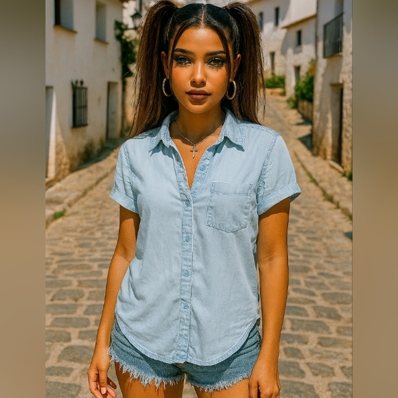 Como Vintage Women's Blue Short Sleeved Button Down Shirt Size Medium - Picture 1 of 12